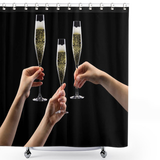 Personality  Set Of Hands Holding Glass Of Sparkling Champagne Isolated On Black. Shower Curtains