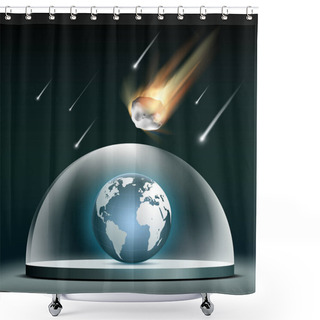 Personality  Planet Earth Under Glass Dome. Protection From Asteroids. Stock Vector Illustration. Shower Curtains