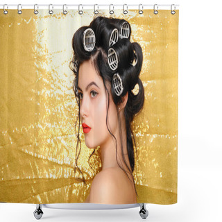 Personality  Beautiful Girl In Hair Curlers Isolated On Gold Shower Curtains