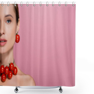 Personality  Cropped View Of Woman In Cheery Tomatoes Necklace Looking At Camera Isolated On Pink Shower Curtains