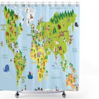 Personality  Funny Cartoon World Map With Childrens Of Different Nationalities, Animals And Monuments Of All The Continents And Oceans. Names In Spanish. Shower Curtains