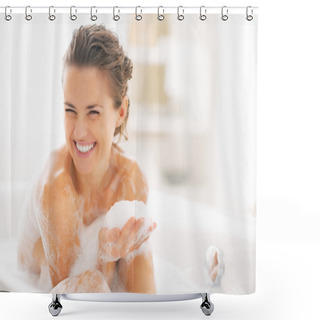 Personality  Portrait Of Happy Young Woman Playing With Foam In Bathtub Shower Curtains