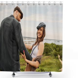 Personality  Cheerful Brunette Woman In Vest And Newsboy Cap Touching Bearded Boyfriend In Jacket And Looking Away With Nature And Overcast Sky At Background, Fashion-forwards In Countryside Shower Curtains