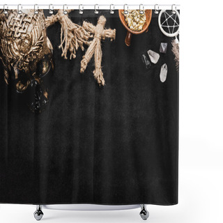 Personality  Top View Of Voodoo Dolls, Skull And Sagebrush In Bowl Near Pentagram And Crystals On Black Shower Curtains