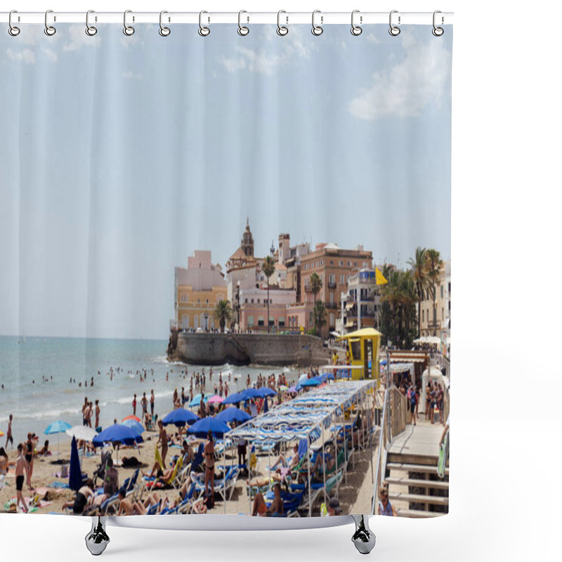 Personality  CATALONIA, SPAIN - APRIL 30, 2020: People Resting On Beach With Umbrellas, Buildings And Blue Sky At Background  Shower Curtains