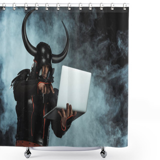 Personality  Armored Samurai Using Laptop On Dark Background With Smoke Shower Curtains