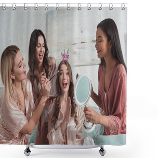 Personality  Multiethnic Women Putting Makeup With Cosmetic Brushes On Excited And Happy Bride With Bridal Veil At Bachelorette Party Shower Curtains