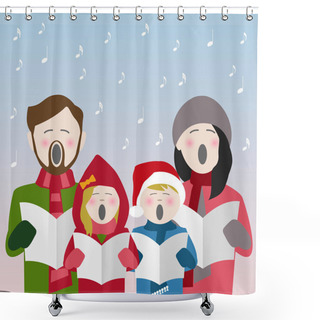 Personality  Family In Winter Clothes Singing Christmas Carols From A Song Sheet Shower Curtains