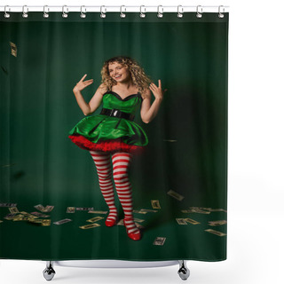 Personality  Smiley New Year Elf In Green Dress And Stockings Gesturing And Smiling With Cash On Green Floor Shower Curtains
