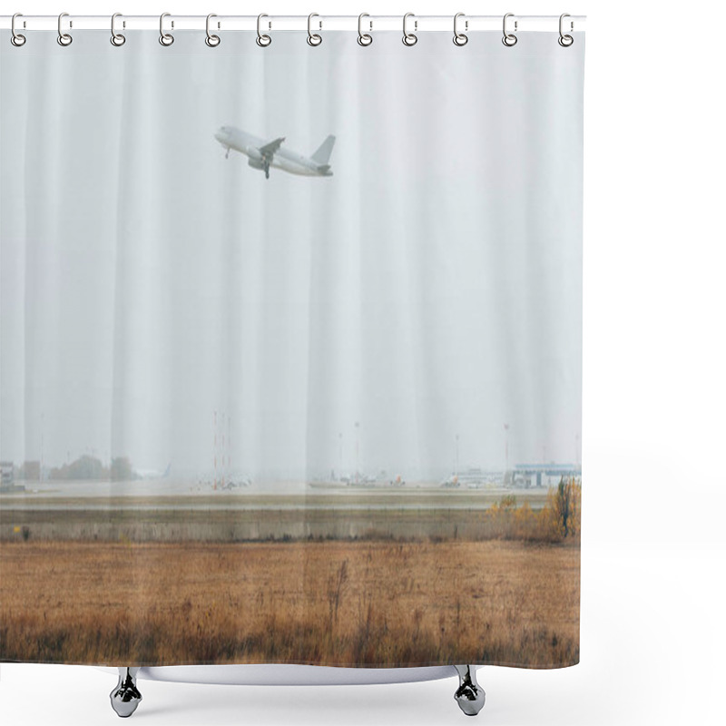 Personality  Airplane Taking Off Above Foggy Airfield With Runway Shower Curtains