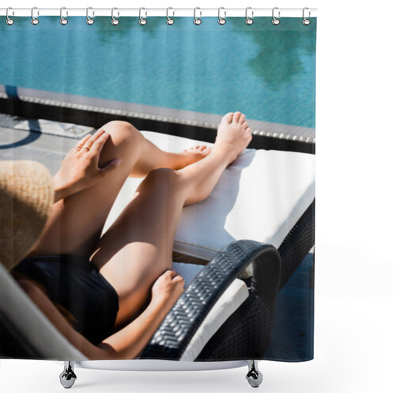Personality  Cropped View Of Woman In Swimming Suit Lying On Sun Bed Near Swimming Pool Shower Curtains