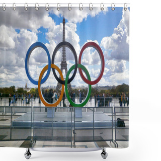 Personality  Paris, France - September 15 2017: Olympic Rings Installed On The Esplanade Of Trocadero To Commemorate The Olympic Games Which Will Take Place In Paris In 2024. Shower Curtains