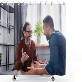 Personality  Cheerful Interracial Father And Son Gesturing During Conversation At Home Shower Curtains