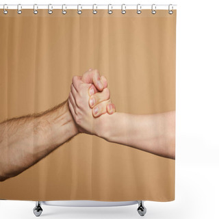 Personality  Cropped View Of Man And Woman Holding Hands Isolated On Beige Shower Curtains