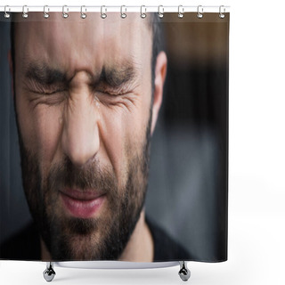 Personality  Portrait Of Depressed Bearded Man Crying With Closed Eyes Shower Curtains