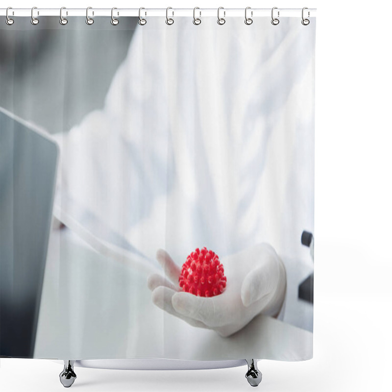 Personality  Cropped View Of Virologist In Latex Glove Holding Red Coronavirus Bacteria In Lab Shower Curtains