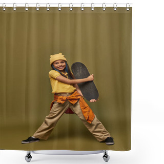 Personality  Full Length Of Positive Preadolescent Preteen Girl In Yellow Hat And Urban Outfit Holding Skateboard And Looking At Camera On Khaki Background, Stylish Girl In Modern Outfit Concept Shower Curtains