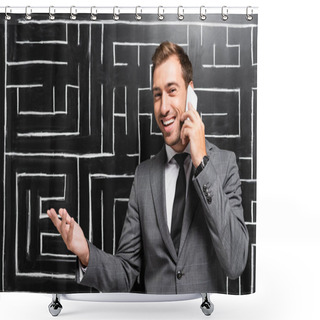 Personality  Handsome And Smiling Businessman In Suit Talking On Smartphone And Standing Near Labyrinth Shower Curtains