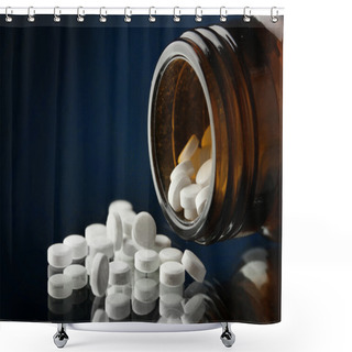 Personality  Pills In Bottle, On Blue Background Shower Curtains