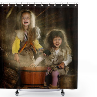 Personality  Two Girls Dress Up As Fairytale Characters, Fairytale Character Grandma Ezhka, Girls Play Shower Curtains