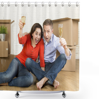 Personality  Happy American Couple Sitting On Floor Unpacking Together Celebrating With Champagne Toast Moving In A New House Shower Curtains