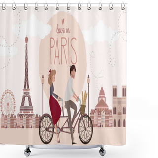 Personality  Love Story In Paris With A Lover Couple Riding A Bicycle. Romantic Poster, Love You Card Or Wedding Invitation. Editable Vector Illustration Shower Curtains