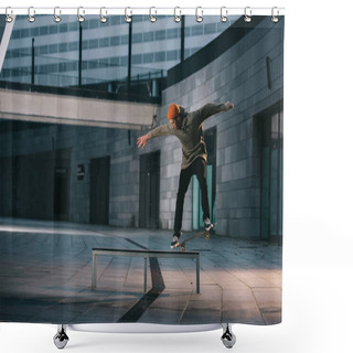 Personality  Skateboarder Balancing With Board On Bench In Urban Location Shower Curtains