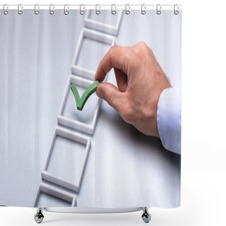 Personality  Man's Hand Placing Green Check Mark In Box On Grey Background Shower Curtains