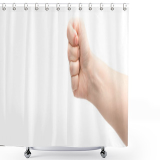 Personality  Panoramic Shot Of Woman Showing Fist Isolated On White Shower Curtains