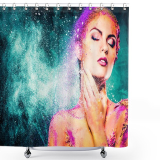 Personality  Beautiful Young Woman With Conceptual Colourful Body Art  Shower Curtains