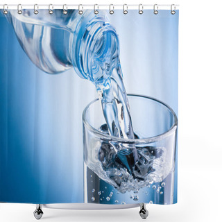 Personality  Pouring Water From Bottle Into Glass On Blue Background Shower Curtains