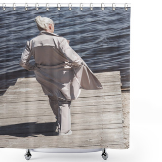 Personality  Elderly Woman In Coat Walking At Riverside Shower Curtains