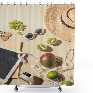 Personality  Top View Of Sunglasses, Hat, Digital Tablet And String Bag With Cream And Fresh Ripe Fruits  Shower Curtains