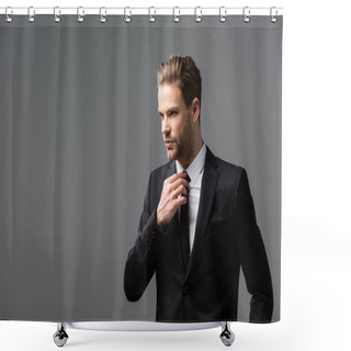Personality  Successful Businessman Looking Away While Touching Tie Isolated On Grey Shower Curtains
