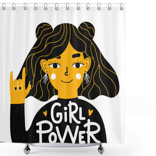 Personality  Vector Illustration With Young Woman Showing Hand Rock Sign And Lettering Text - Girl Power. Shower Curtains
