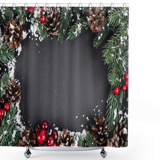 Personality  Flat Lay With Pine Cones, Red Beads, Spruce Branches And Artificial Snow On Black Background, New Year Concept Shower Curtains