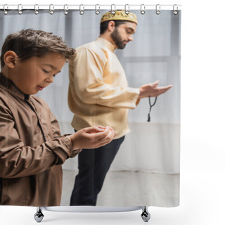 Personality  Muslim Boy Praying Near Blurred Father During Ramadan At Home  Shower Curtains
