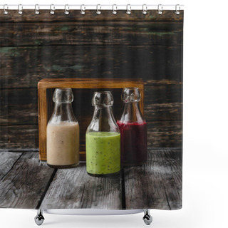 Personality  Organic Fruit Smoothies In Glass Bottles On Wooden Background Shower Curtains