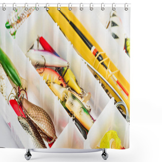 Personality  Selective Focus Of Fishing Tackle And Bait In Plastic Box  Shower Curtains