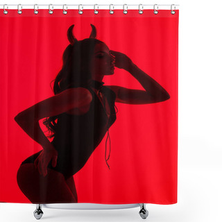 Personality  Silhouette Of Sensual Woman In Devil Costume, Isolated On Red Shower Curtains