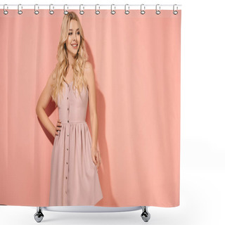 Personality  Blonde And Beautiful Woman With Hand On Hip In Pink Dress Smiling And Looking Away Shower Curtains