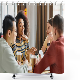 Personality  A Diverse Group Of Students From Different Backgrounds Sit Together, Engaging In A Lively Discussion At A Wooden Table Indoors. Shower Curtains