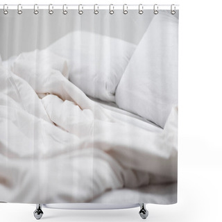 Personality  Selective Focus Of Bed With White Pillows And Blanket  Shower Curtains