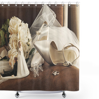 Personality  Bouquet Of White Roses And Wedding Shoes On Chair Shower Curtains