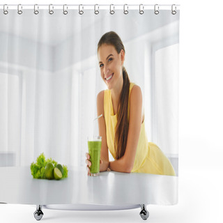 Personality  Healthy Meal. Woman Drinking Detox Smoothie. Lifestyle, Food. Drink Juice. Shower Curtains