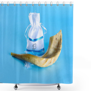 Personality  Shofar Horn And A Gift Bag For Bar Mitzvah. Greeting Card. Invitation A Party. Jewish Boy Automatically Becomes Bar Mitzvah When He Turns 13 Years Old. Side View. Shower Curtains