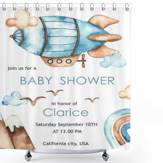Personality  Airship, Clouds, Mountains, Rainbow. Watercolor Baby Shower For Boys Shower Curtains
