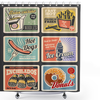 Personality  Fast Food Restaurant Retro Cards Of American, Mexican And Asian Menu. Hot Dog With Sausage, Potato French Fries And Donut, Chinese Noodle Box, Ice Cream Dessert And Enchiladas Vintage Poster Shower Curtains
