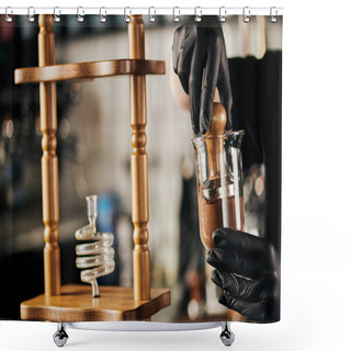 Personality  Partial View Of Barista Preparing Espresso And Pressing Coffee With Tamper In Cold Brew Coffee Maker Shower Curtains