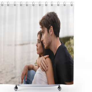 Personality  Young Man Embracing Brunette Girlfriend And Looking At Sea On Beach  Shower Curtains